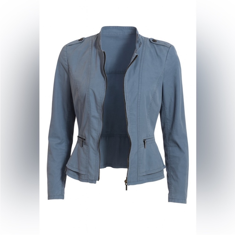 White House Black Market Peplum Jacket Size 6 – Blue Moto Style Zip Front